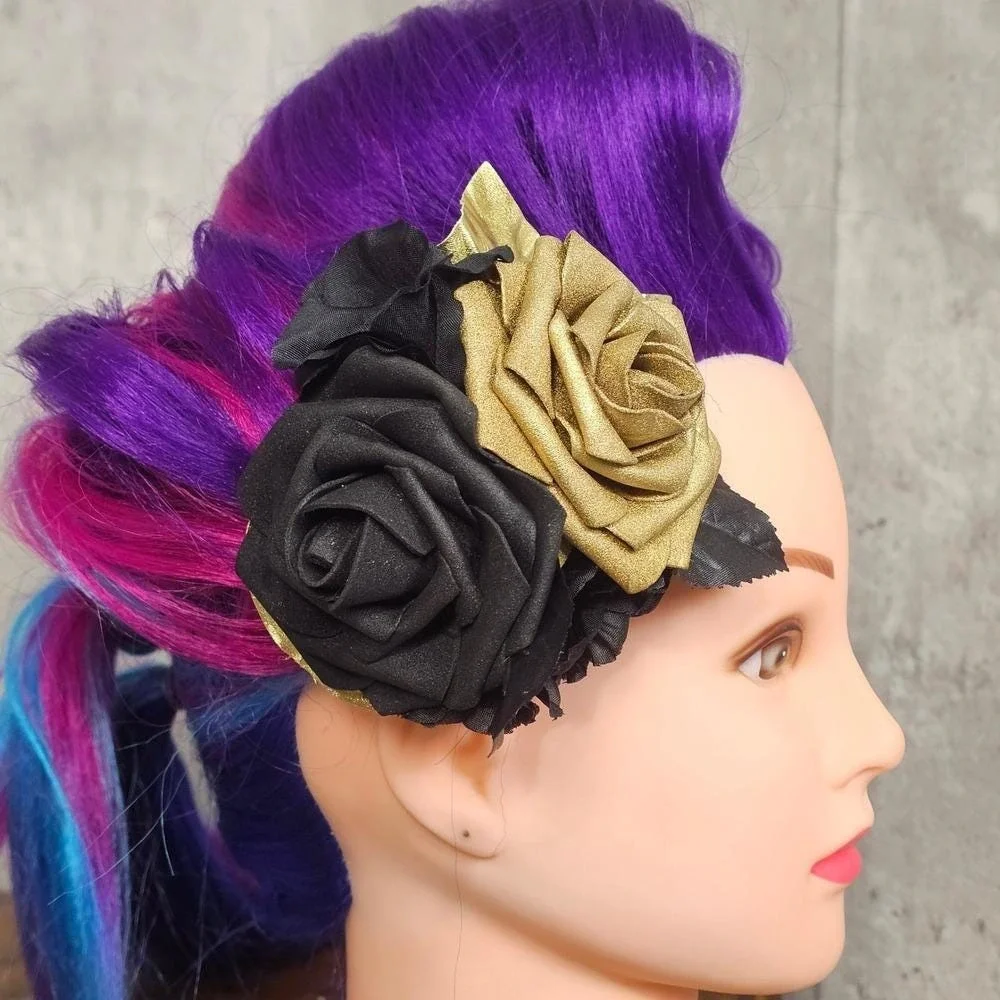 Handmade Black Gold‎ Rose Hair Clip Gothic Glam Floral Fascinator Rockabilly